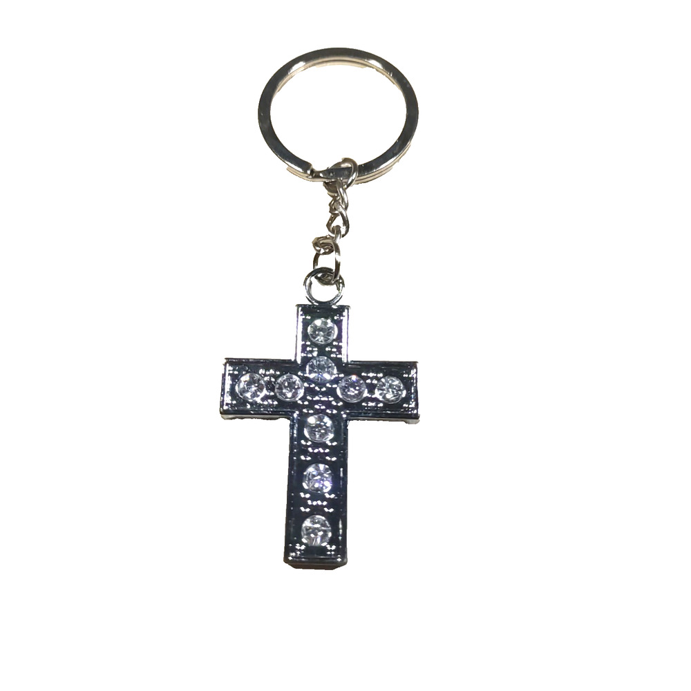 Cross Keychain Silver Tone Rhinestone Religious - Picture 2 of 5